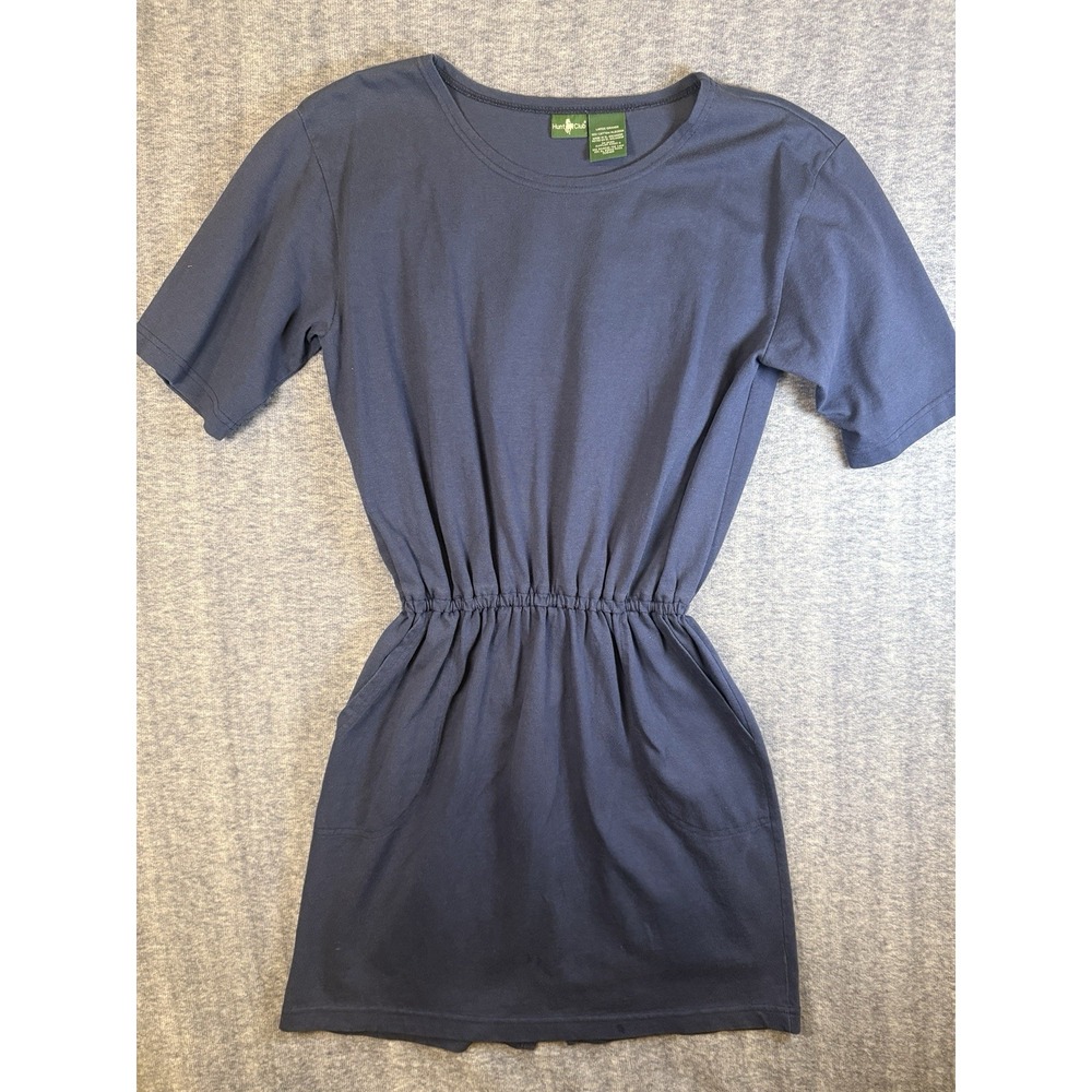 Vtg Hunt Club Dress 100% Cotton solid blue short sleeve elastic‎ waist pockets L